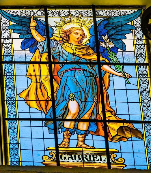 Colorful Archangel Gabriel Stained glass Cathedral Puebla-Mexico Built in 15 to 1600s